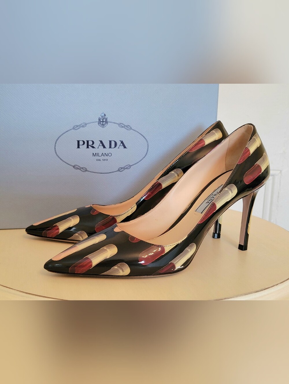 Prada - RARE! Vintage Black Patent Leather Lipstick Print Pumps Heels Size 37